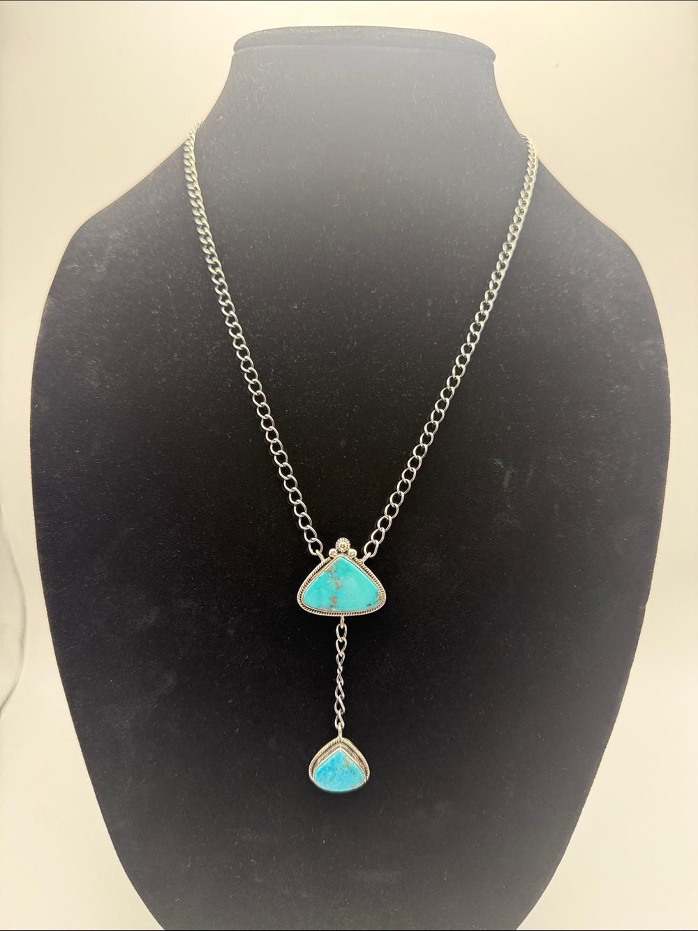 925 Sterling Silver  Turquoise Drop Lariat Necklace 20” Adjustable